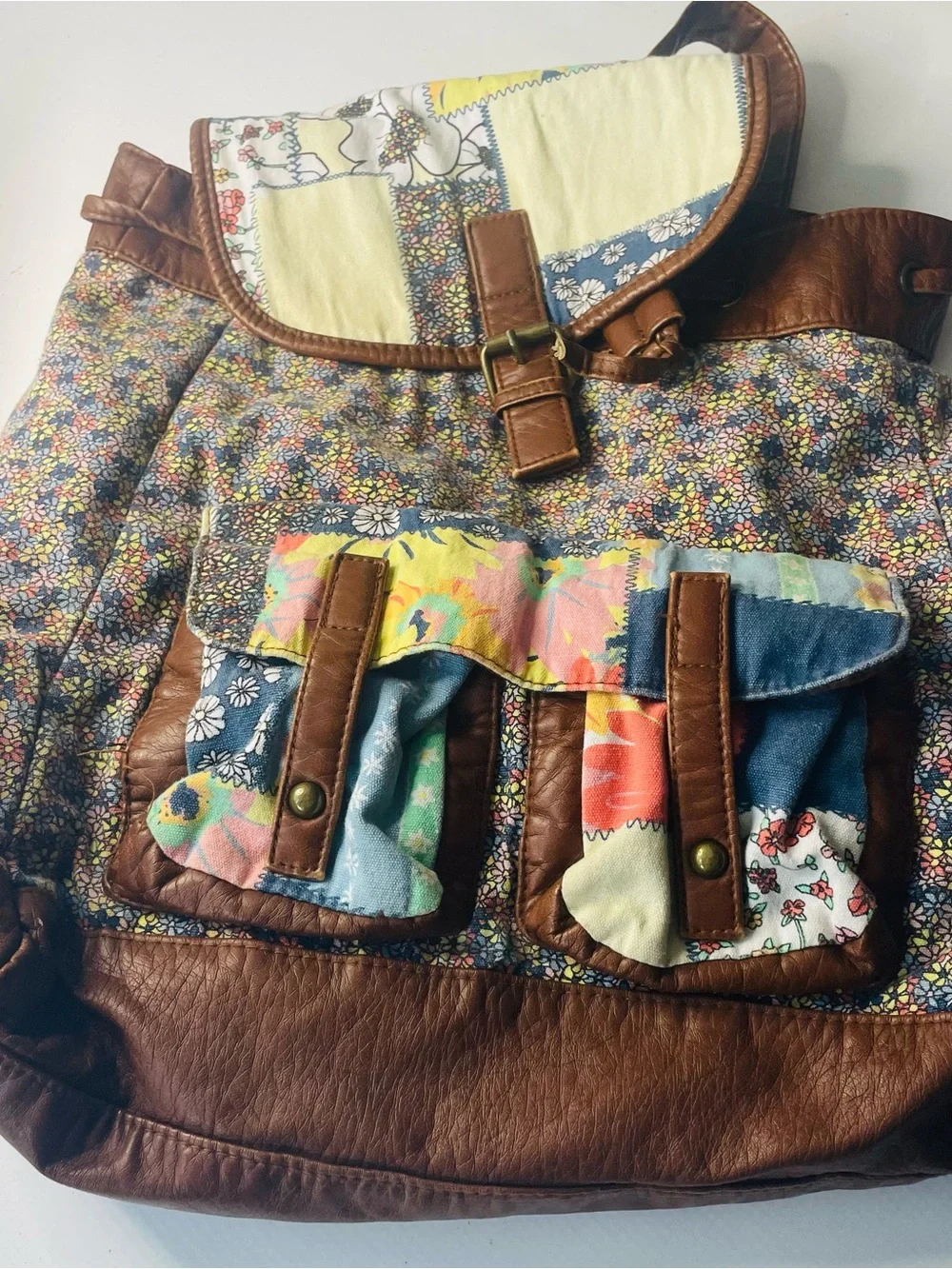 Boho Style Backpack Floral And Quilted Patchwork Faux Leather